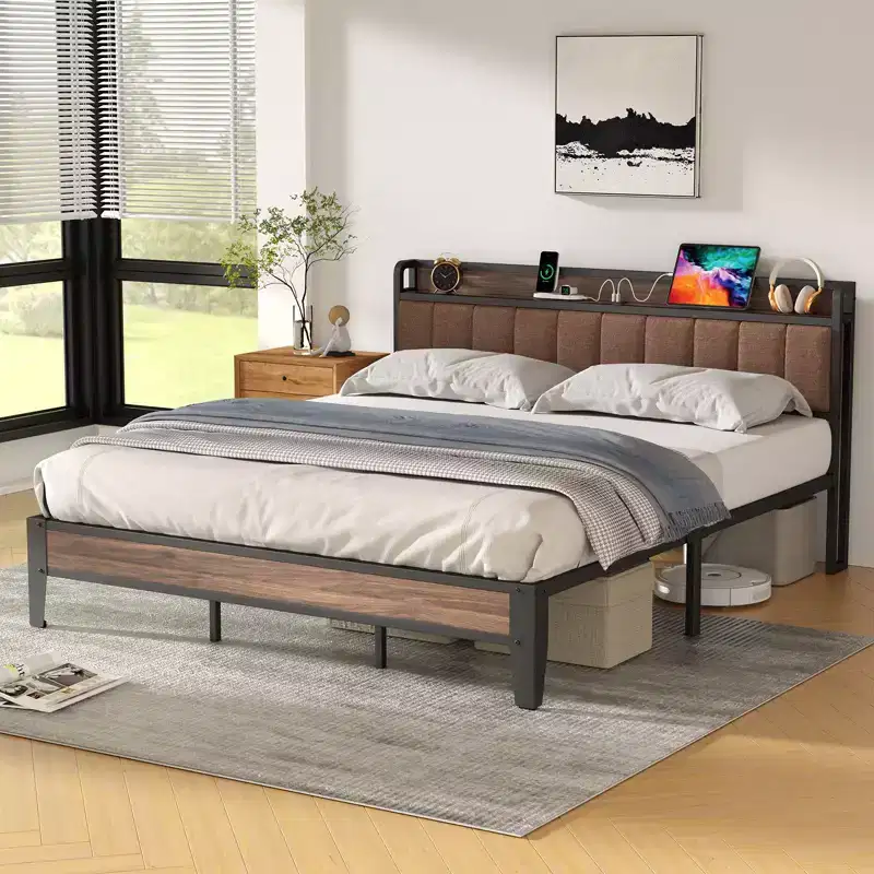 Lusimo Bed Frame California King Upholstered Platform Bed with Storage Headboard and Charging Station