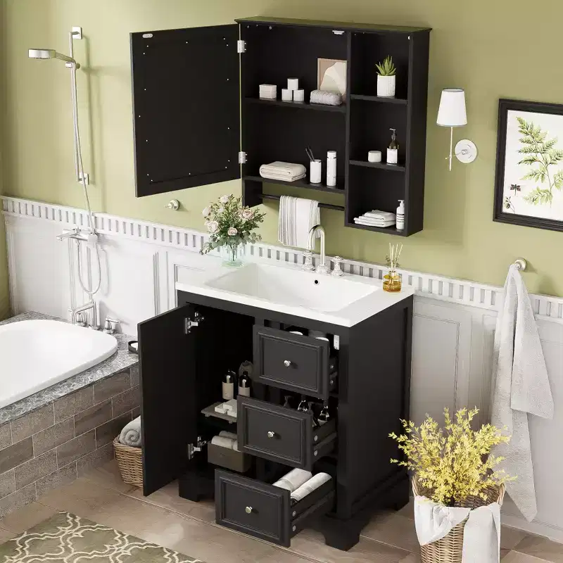 Whisen 30 Bathroom Vanity with Sink, Bathroom Storage Cabinet with 3 Drawers and Adjustable Shelves, Mirror Cabinet
