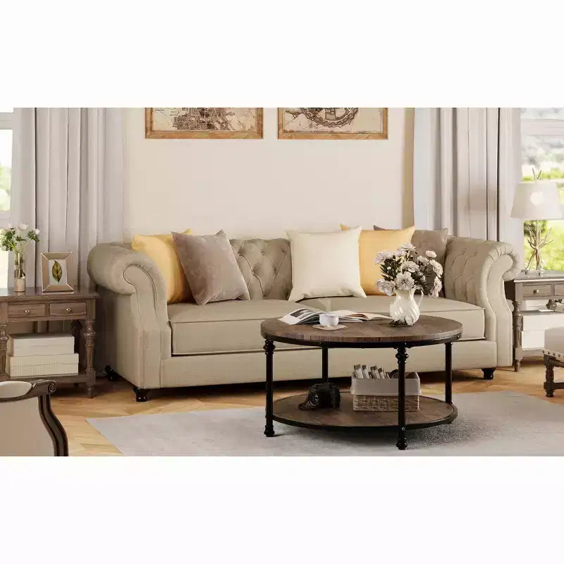 Coffee Table. Round Wood Vintage Retro. Table in 2 Levels. End Table. Side Table with 4 Column Legs for Living Room. Living Room. Office