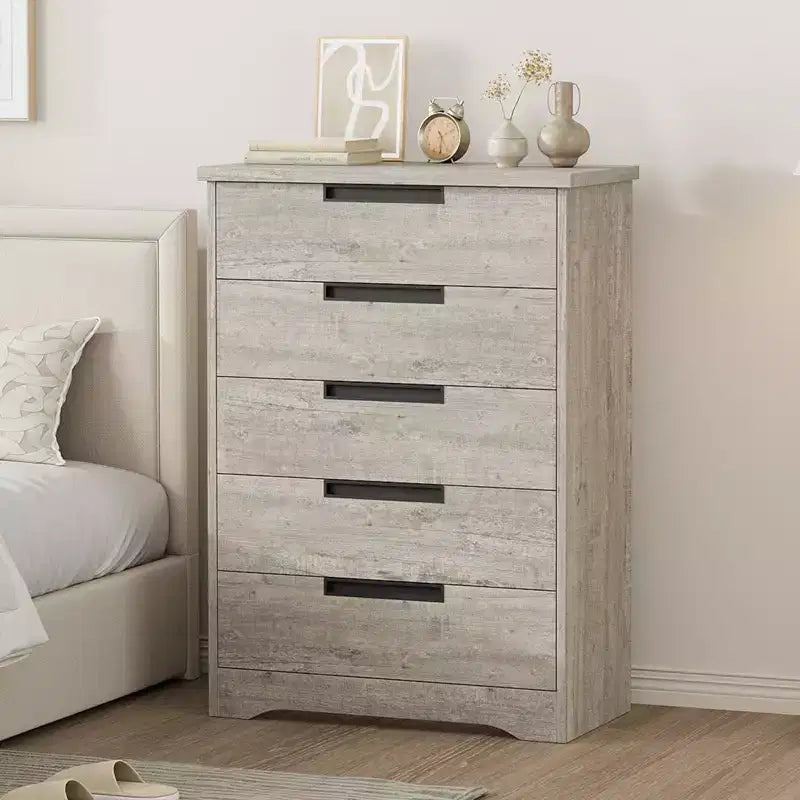 5 Drawer Dresser for Bedroom, Chest of Drawers with Embedded Handles, Wooden Dresser Organizer for Living Room, Nursery, Hallway and Entryway