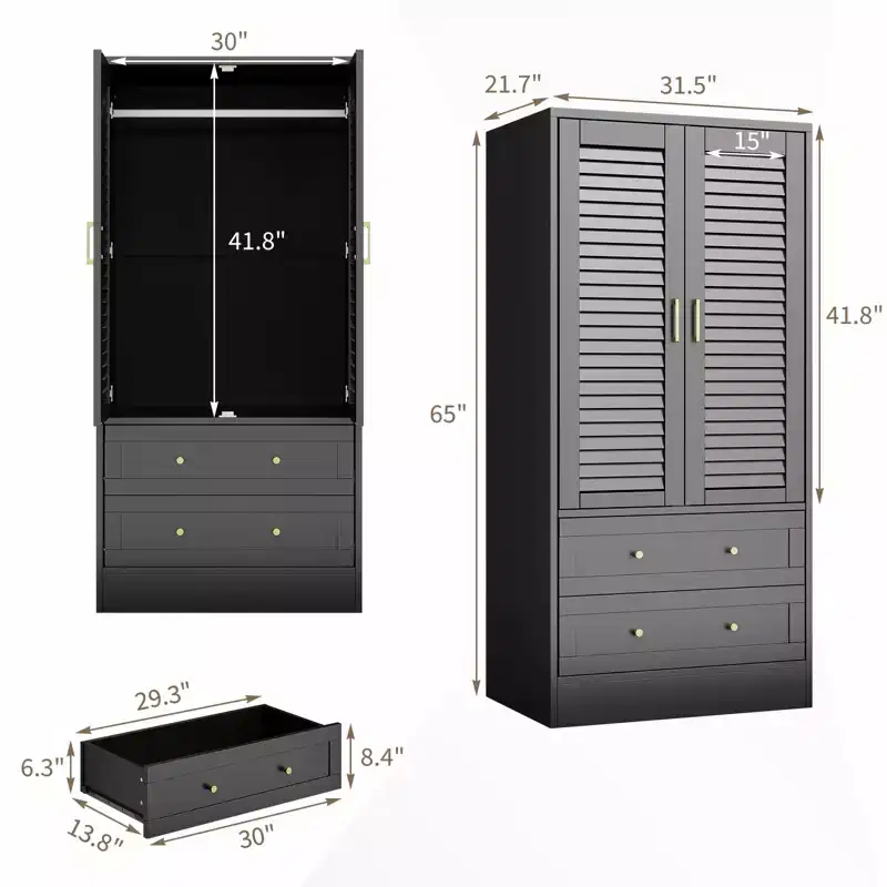65 Louvered Wardrobe Armoire, Durable Wooden Closet with Drawers & Hanging Rod, MultiUse for Laundry Room & Entrance Hall