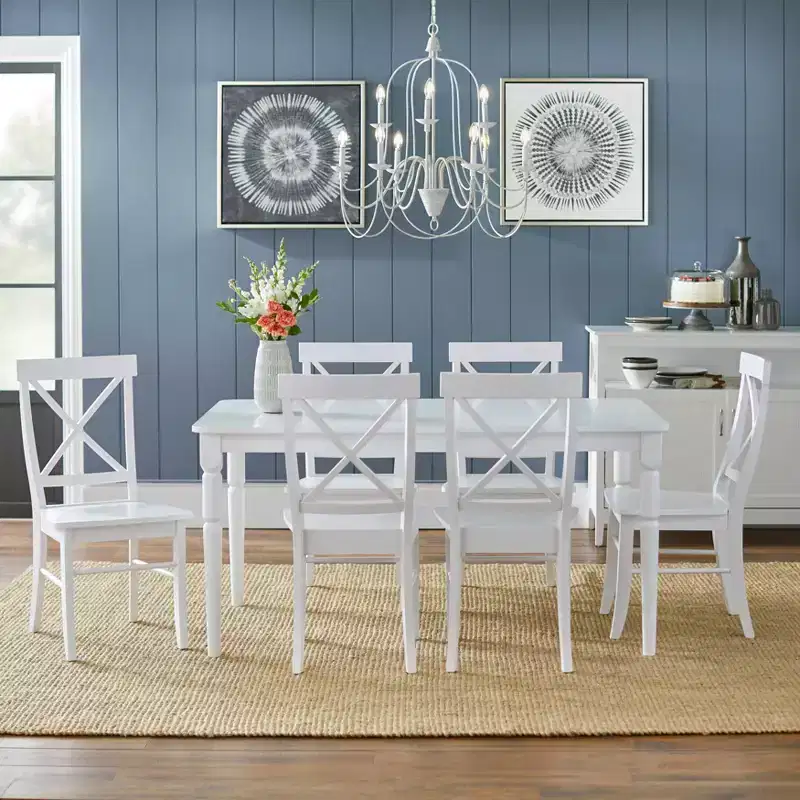 Buylateral 7pc Albury Cross Back Dining Set White: Modern Rectangle Table, 6 Wood Chairs