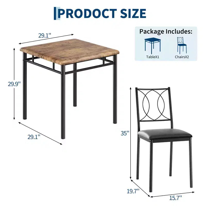 3-Piece Farmhouse Dining Table Set for 2, Wood Kitchen Table with Upholstered Chairs, Space-Saving for Small Apartment