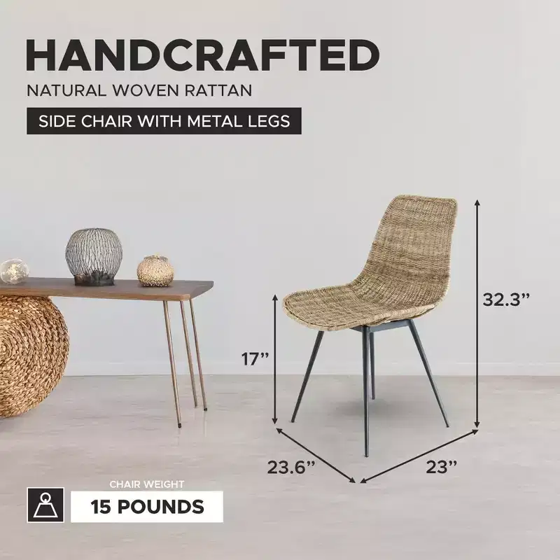 texxture Ormond Woven Rattan Side Chair, Indoor Outdoor Dining or Kitchen Accent Furniture for Table or Porch with Metal Legs, Natural