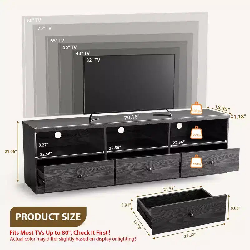 TV Stand for up to 80 TVs, Media Console with 3 Drawers and 3 Open Shelves, Black