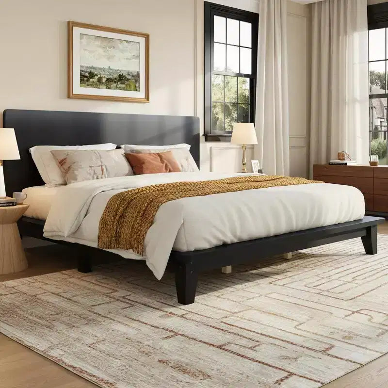 Polibi Modern Wood Platform Bed Frame with Headboard