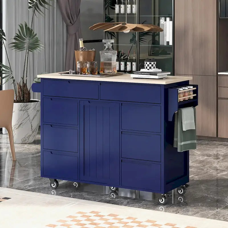 Rolling Kitchen Island Cart with 8 Handle-Free Drawers Rubberwood Top and Spice Rack