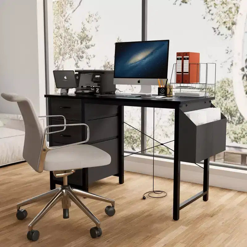 Modern Home Office Computer Desk with Drawers & Shelves, Writing Desk with Side Bag for Study & Office