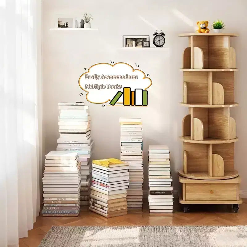 5-Tier 360�� Rotating Bookshelf Tower, Natural Wood