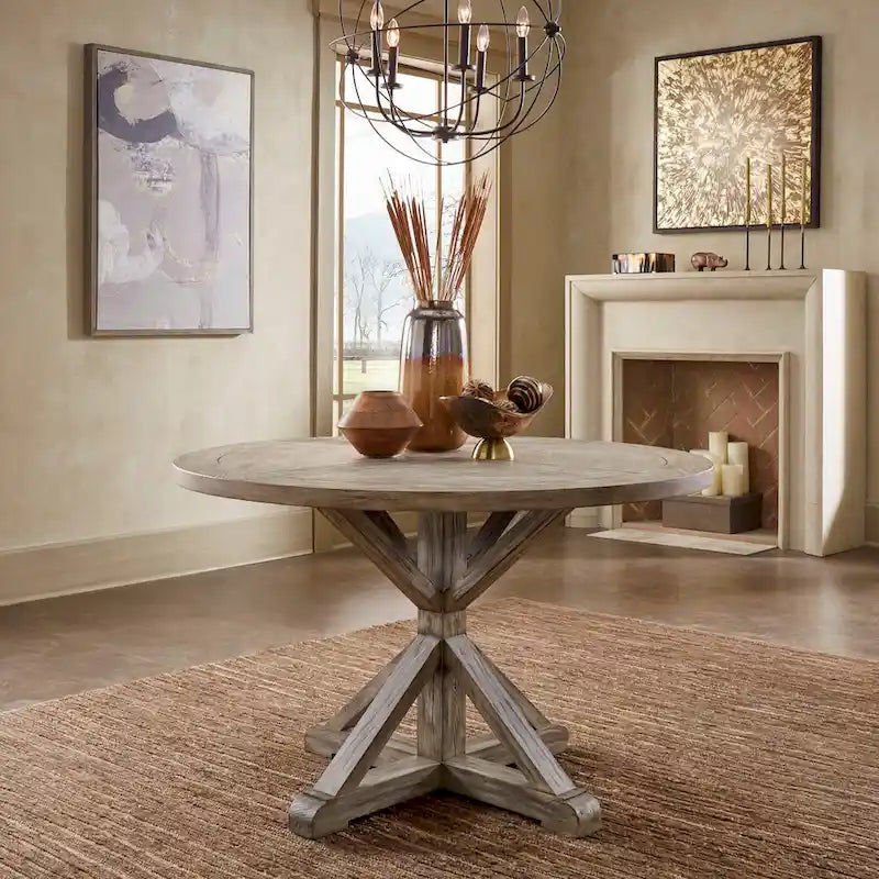 Rustic Round Dining Table with X-Pedestal Base �� Antique Grey Oak | 4 Sizes