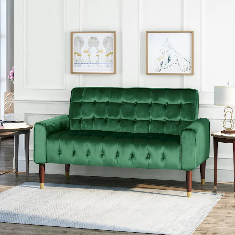 Mid-Century Modern Tufted Velvet Loveseat with Gold Tapered Legs