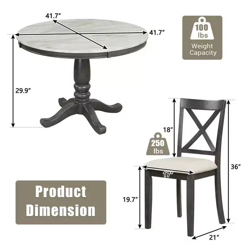 5-Piece Dining Set with Solid Wood Table and 4 Chairs, Gray