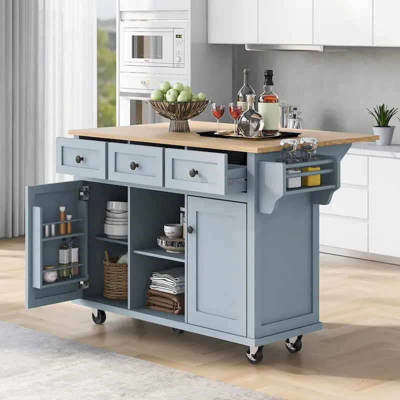 White Rolling Kitchen Island Cart with 5 Wheels Drop Leaf Rubberwood Top 3 Drawers and Spice Rack