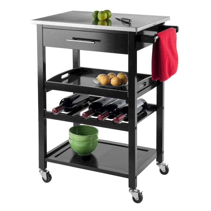Utility Kitchen Cart, Stainless Steel Top, Black