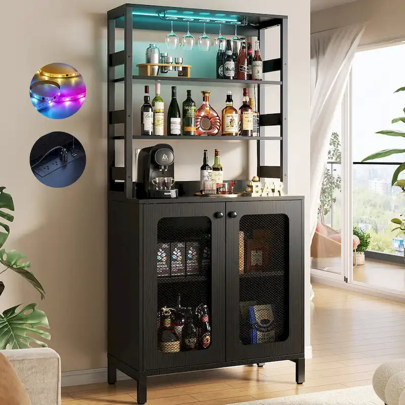 67-Inch Tall Wine Bar Cabinet with LED Lights, Glass Holder and Power Outlets