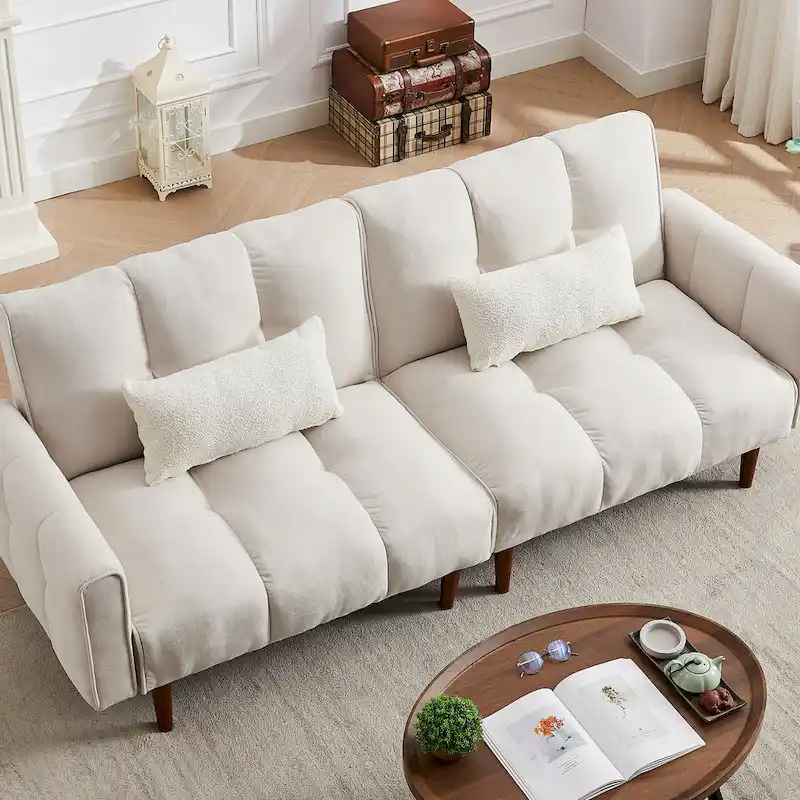 Convertible Futon Sofa Bed with Adjustable Positions and Wooden Legs