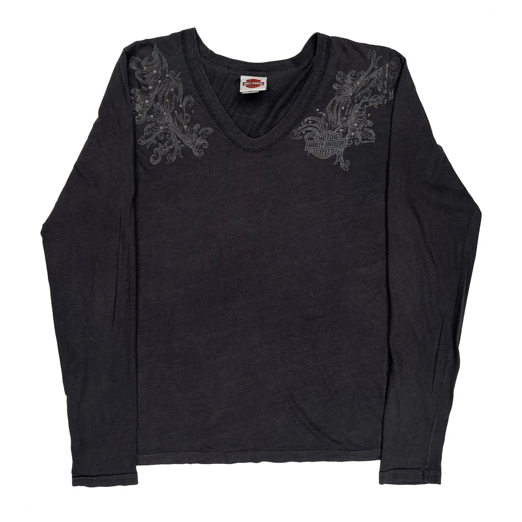 Graphic Long Sleeve T-Shirt XL Black Cotton Women's V-Neck Regular Fit