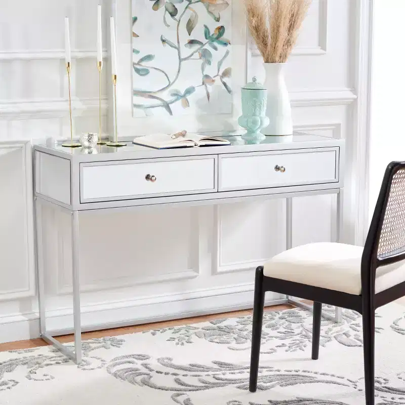 2-Drawer Mirrored Writing Desk, Silver, Wood + Iron + Mirror, 60 lb Capacity, 31.3