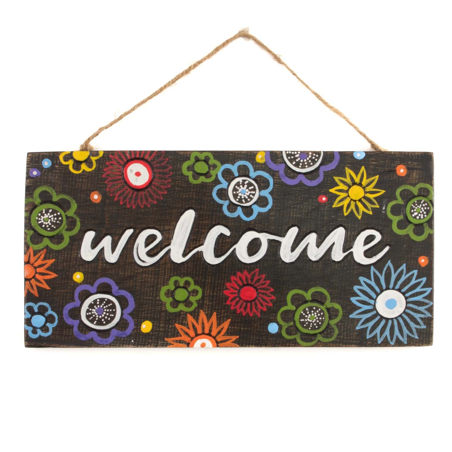 Welcome, Hand-Painted Floral Wood Hanging Plaque