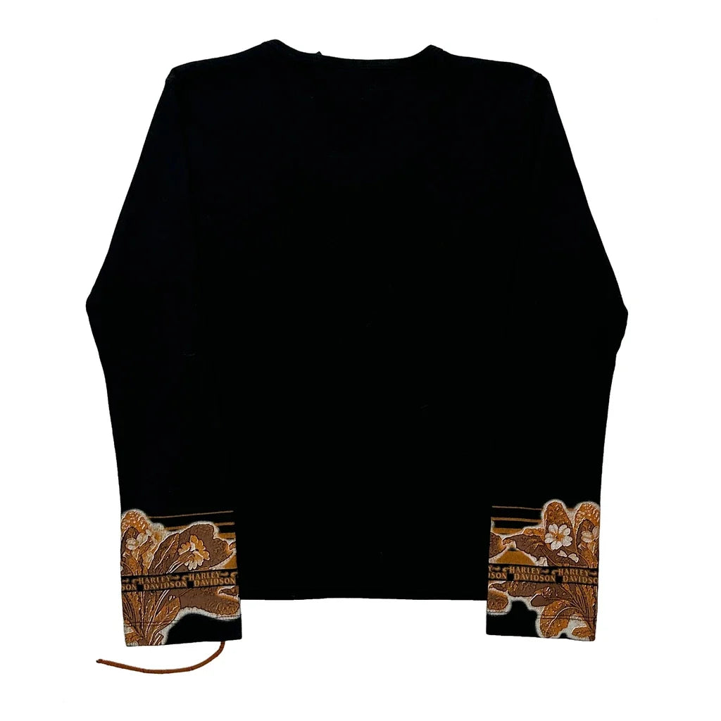 Motorcycle Graphic Long Sleeve T-Shirt Women's Black Floral Cotton Small