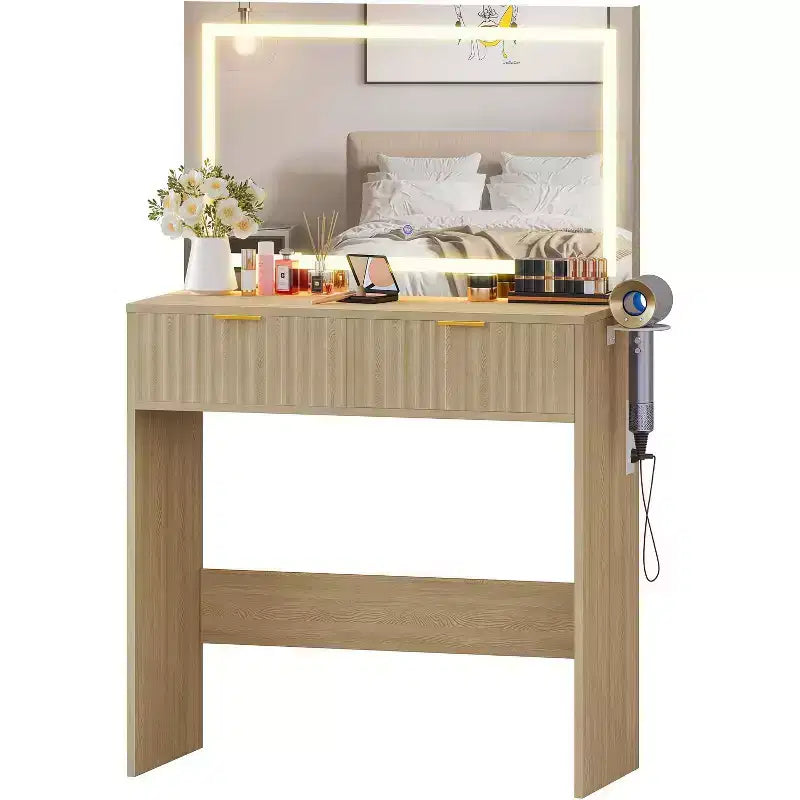 51 Makeup Vanity with Lighted Mirror and Adjustable Lights - Natural Wood Dressing Table for Bedroom