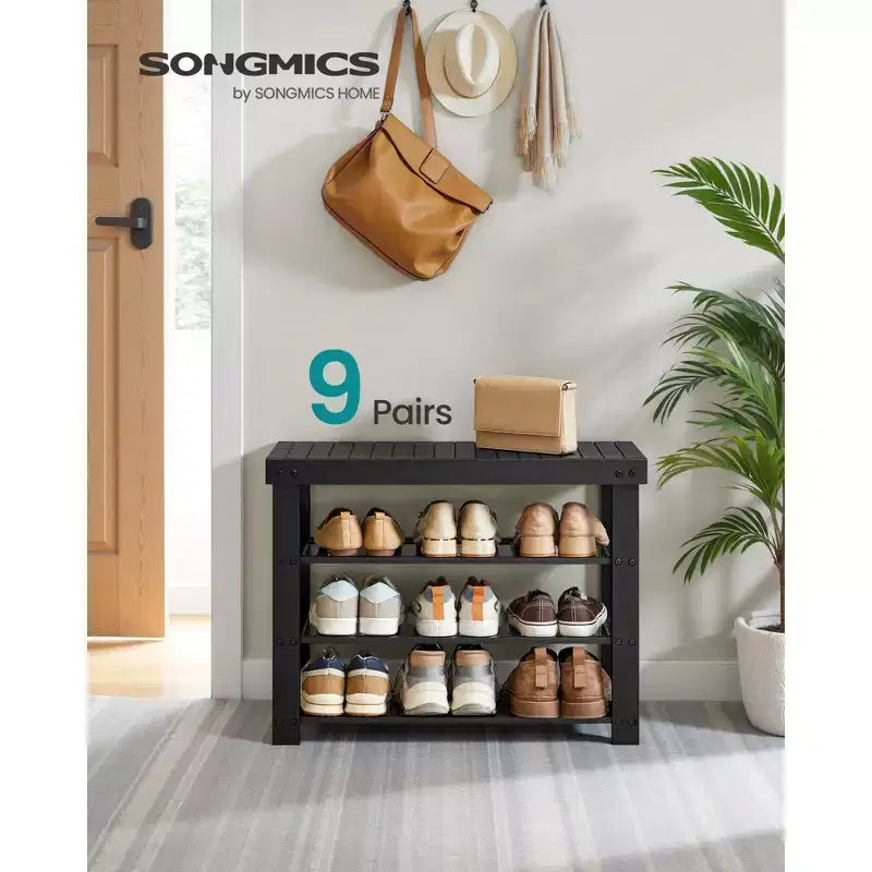 SONGMICS Shoe Rack Bench, 3 Tier Bamboo Shoe Storage Organizer, Entryway Bench, for Living Room, Bathroom, Bedroom
