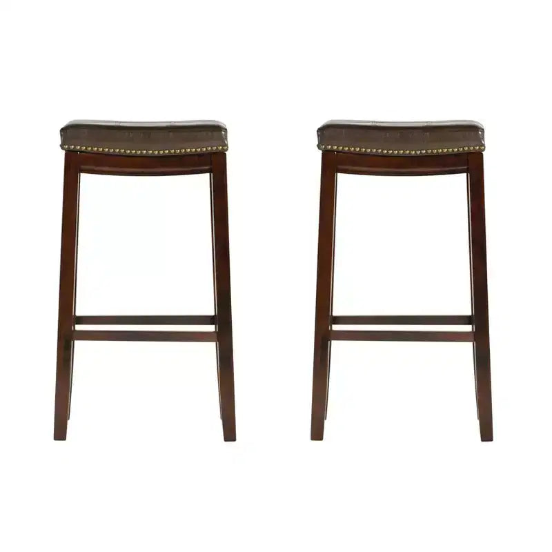 Set of 2 Faux Leather Barstools - Armless, Backless with Footrest, Fixed Height
