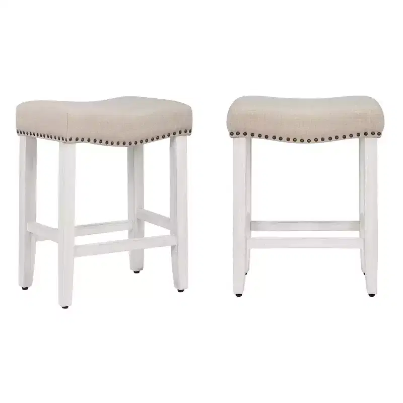 WestinTrends 24 Upholstered Saddle Seat Counter Stool (Set of 2), Antique White/Beige