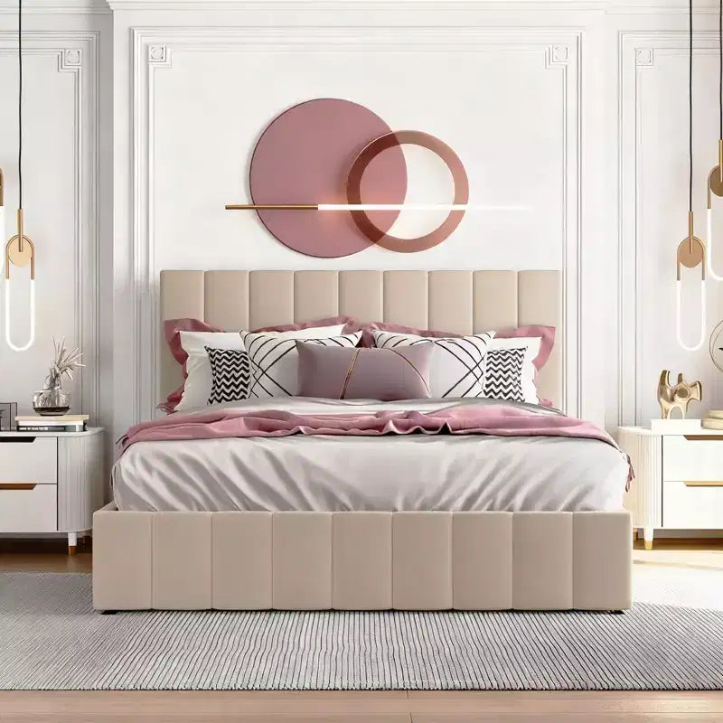 Queen Size Upholstered Platform Bed with Hydraulic Lift and Storage