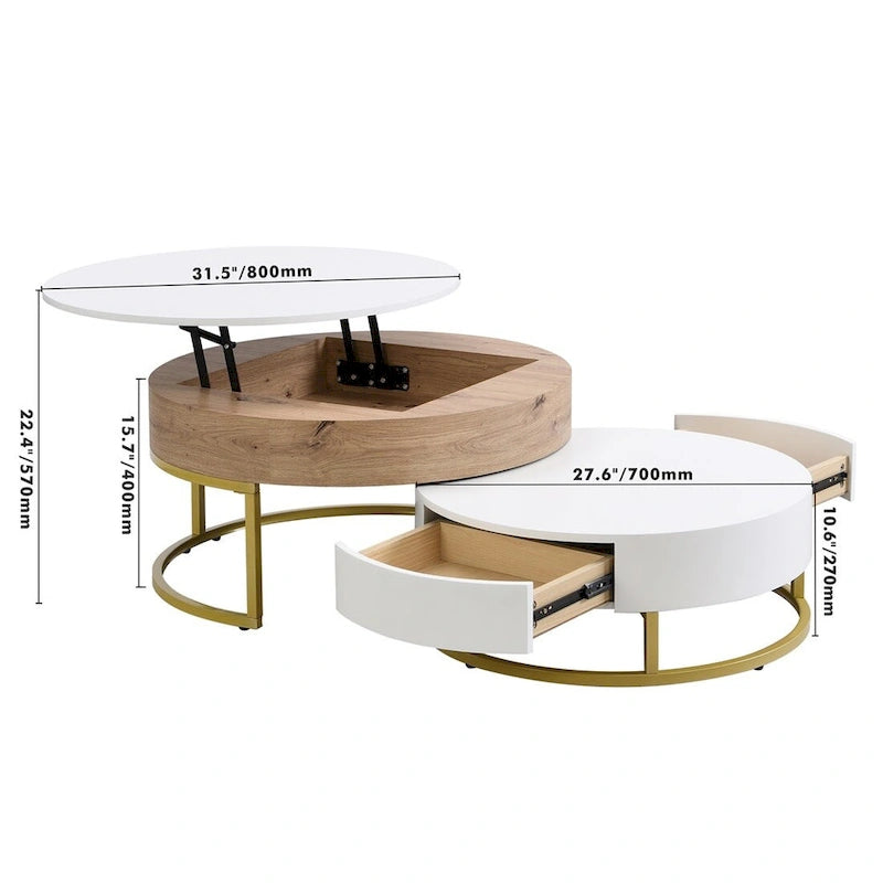 Modern Round Lift-Top Nesting Coffee Tables with Storage Drawers