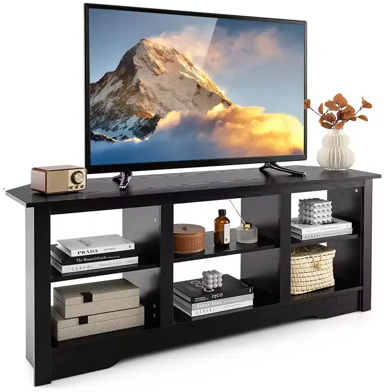 Costway 58 TV Stand with 6 Open Storage Shelves Shelf for 18 inch Fireplace(not included) Black/Grey