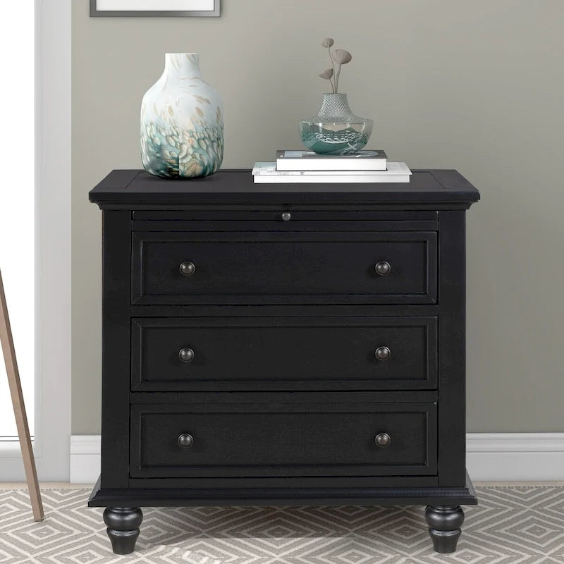 Solid Pine Wood End Table with Pull-out Tray and 3 Drawer, Easy Assembly