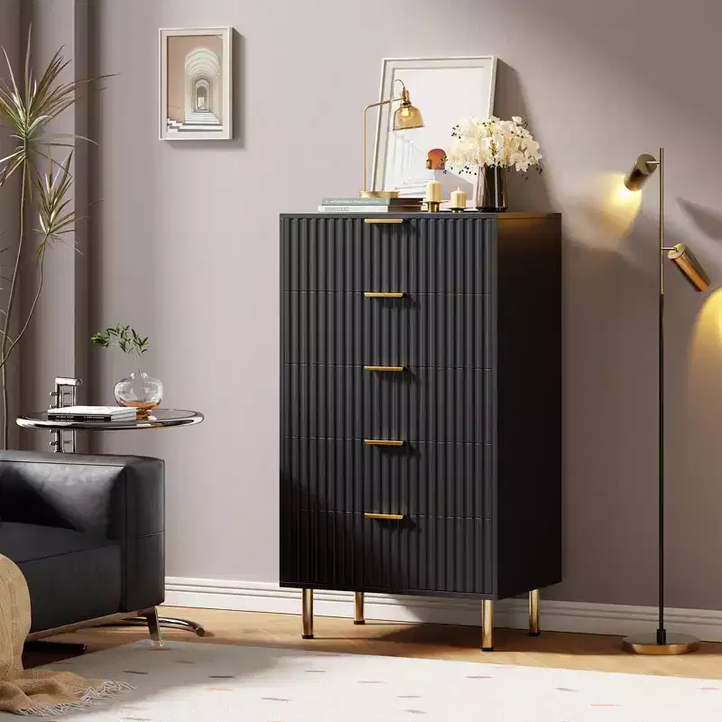 Modern Wooden 48 Tall Fluted 5 Drawer Dresser with Deep Drawers and Wide Top for Bedroom, Living Room, Hallway, Kids Room