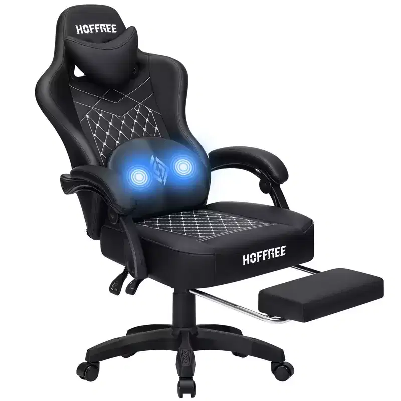 Leather Massage Gaming Chair Ergonomic Office PC Chair with Footrest & Adjustable
