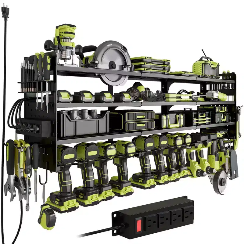 Hausource 12-Slot Power Tool Organizer Storage Racks with Pegboard, 4-Tier Drill Rack & Power Strip