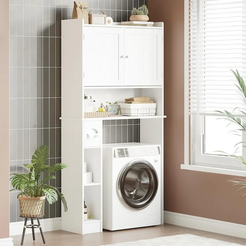 Over The Toilet Storage Cabinet Double Door Bathroom Organizer with Adjustable Shelves, Toilet Paper Holder