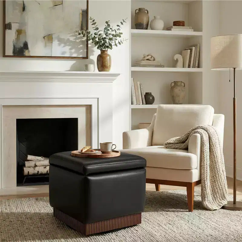 Bekrvio Cube Swivel Storage Ottoman,Leather Footrest with Solid Acacia Wood Frame, Small Coffee Table for Living Room,No Assembly Required