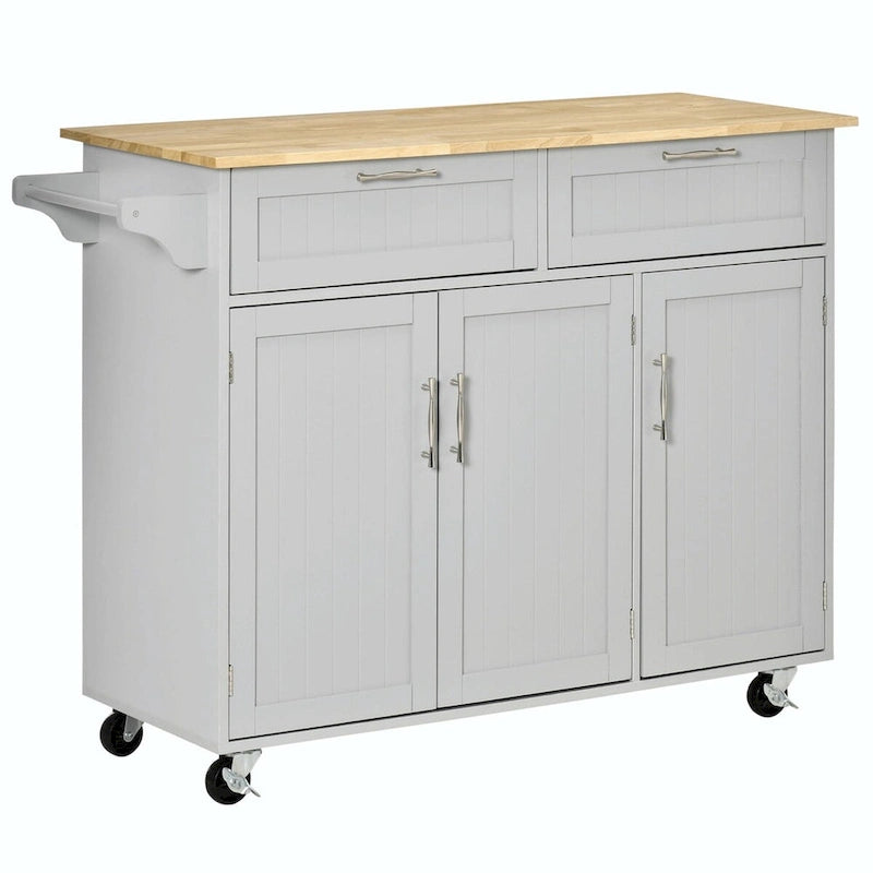 Rolling Kitchen Island Cart with Natural Wood Top 2 Drawers 3 Cabinets and Towel Rack