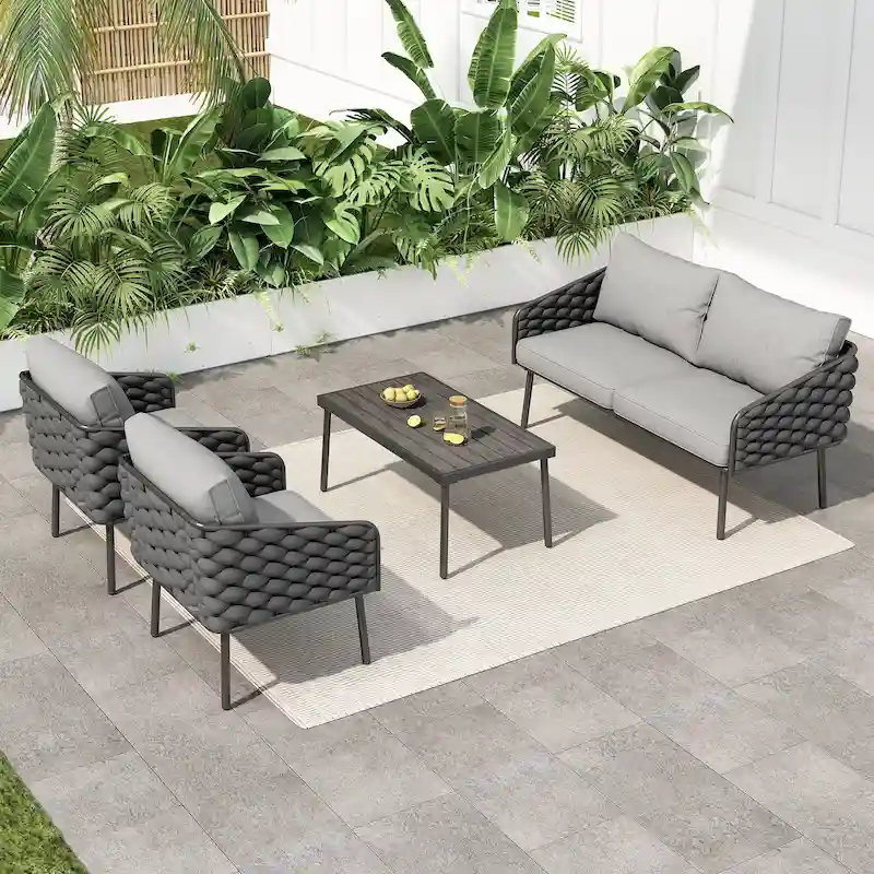 4 Piece Outdoor Conversation Furniture Set, Patio Rope Weaving Sofa Set with Waterproof Cushion and Coffee Tabl
