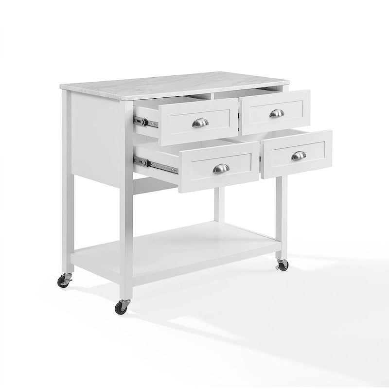Modern Farmhouse Kitchen Island Cart with 4 Drawers Faux Marble Top and Casters