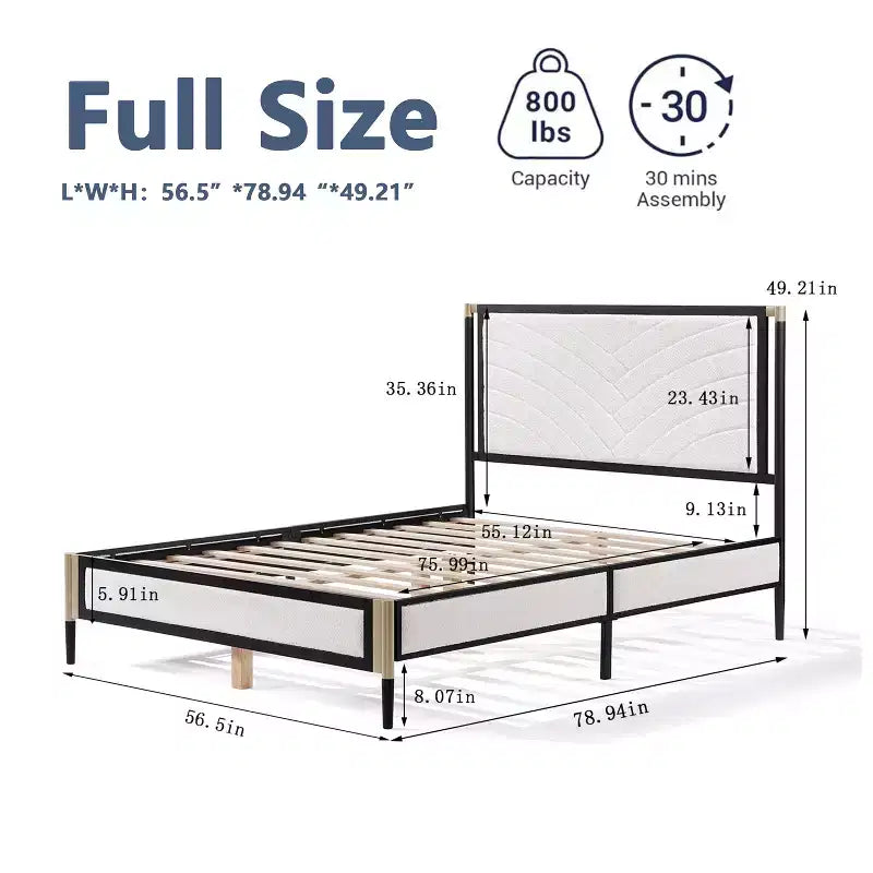 Full/Queen Size Platform Bed Frame with White Boucle Fabric Headboard and Champagne Silver+Black Frame-Christopher Knight Home
