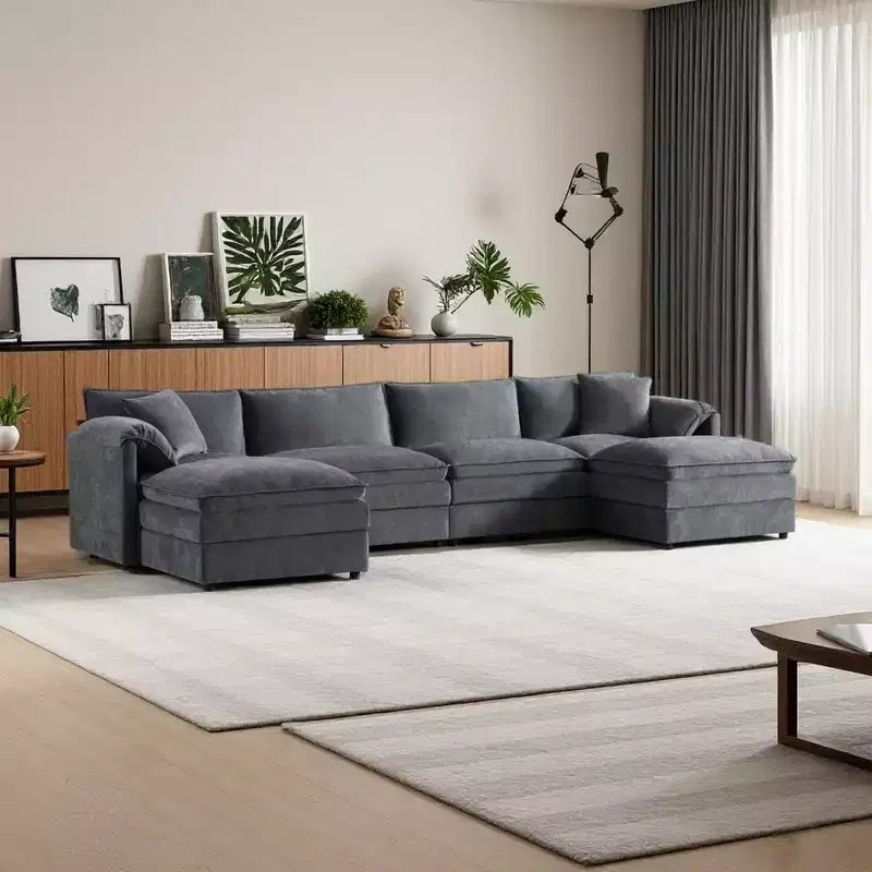 Polibi 6-Piece Chenille U-Shaped Modular Sectional Sofa with Dual Ottomans and Double-Layer Cushions