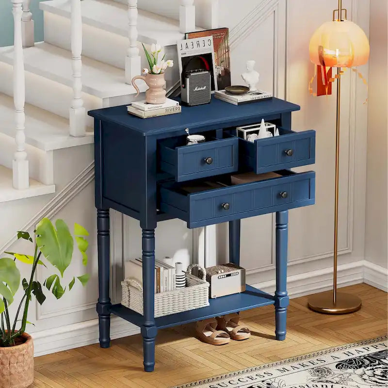 Narrow Console Table with Drawers and Bottom Shelf