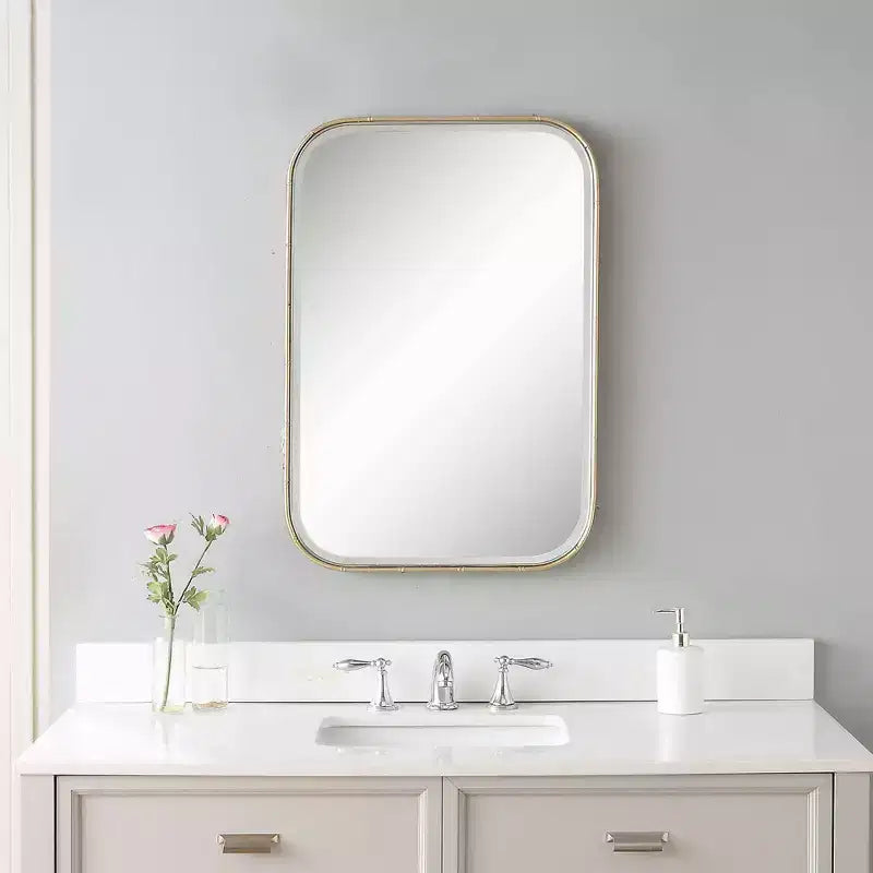 Rectangular Vanity Accent Wall Mirror, Modern Beveled Antique Gold Iron Frame, 20.25 Wide