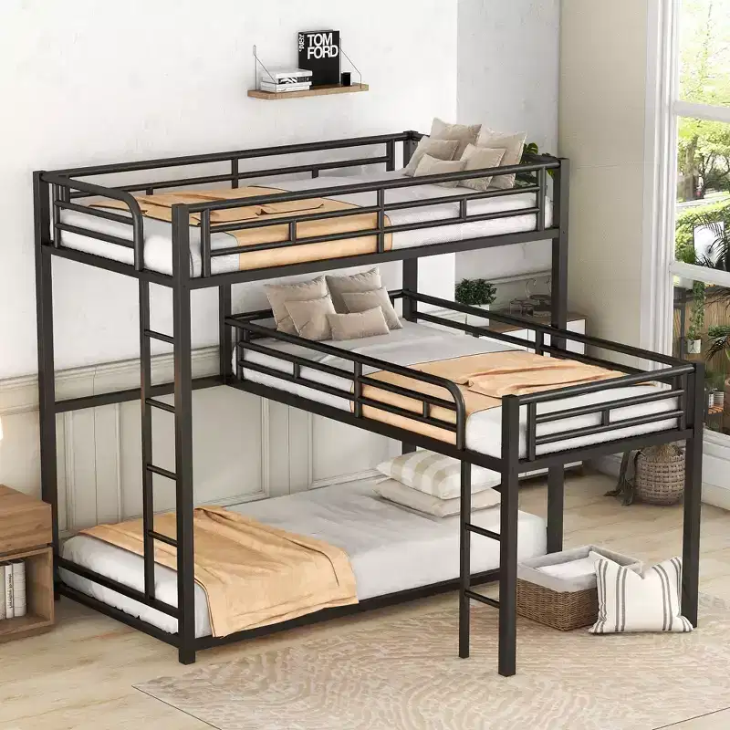L-Shaped Triple Twin Metal Bunk Bed, Space-Saving Industrial Triple Decker with Ladders & Full Guardrails, Black