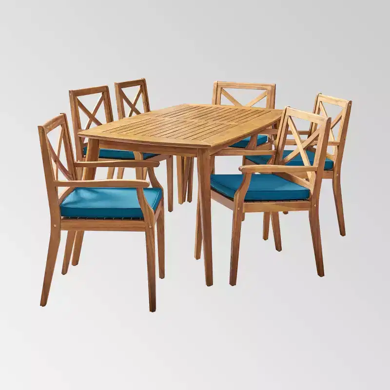 Llando 7-pc Acacia Wood Dining Set - Teak/Blue - Christopher Knight Home: Weather-Resistant with Polyester Cushions