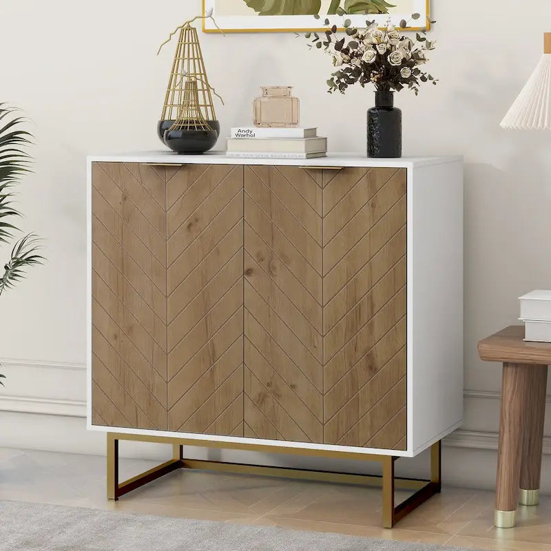 White and Gold Storage Cabinet with 2 Doors, Buffet Sideboard Cabinet with Storage