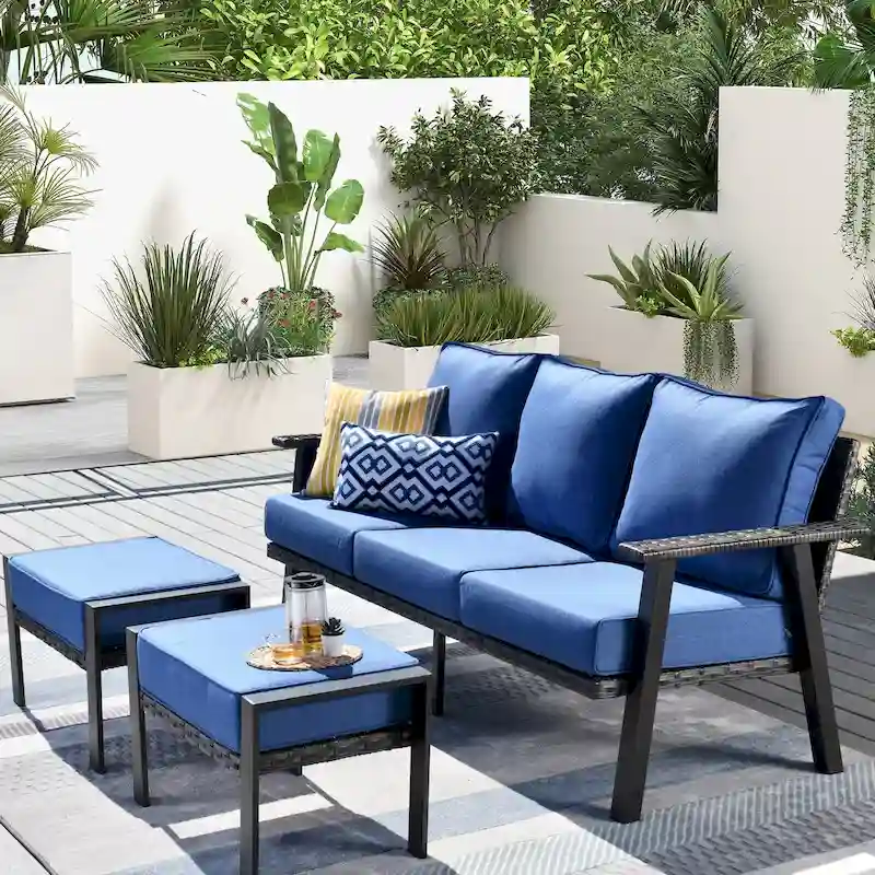 OVIOS Outdoor 3-piece Wicker Sectional Sofa Set With Ottoman Steel Frame