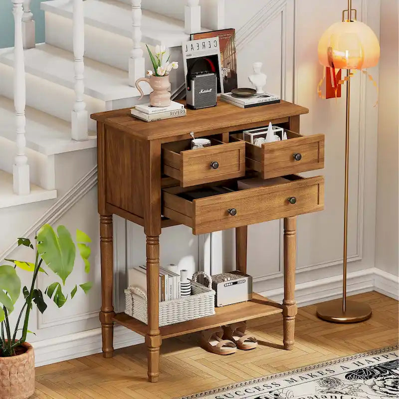 Narrow Console Table with Drawers and Bottom Shelf