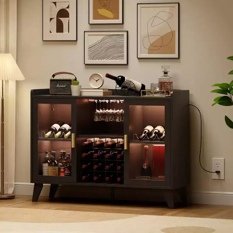 47 Inch Wine Bar Cabinet, Freestanding Liquor Bottle Storage Station with Storage Shelves, Wine Rack and Glass Holder for Dining Room, Kitchen